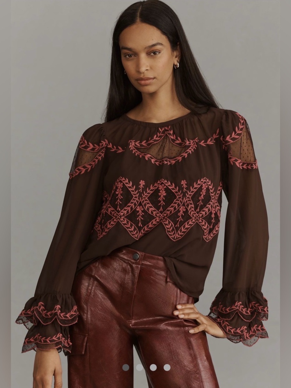 NWT Anthropologie Brown Blouse with Pink Embroidered Detailing
